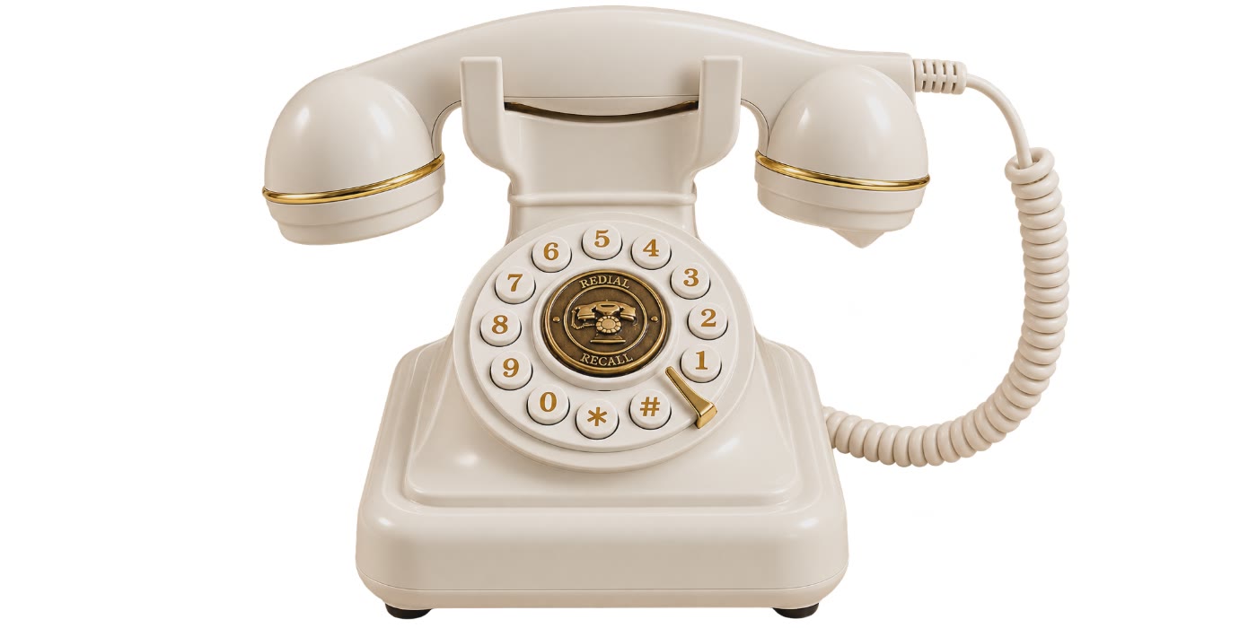 Weißes Retro-Telefon mit Messingwählscheibe als Audiogästebuch