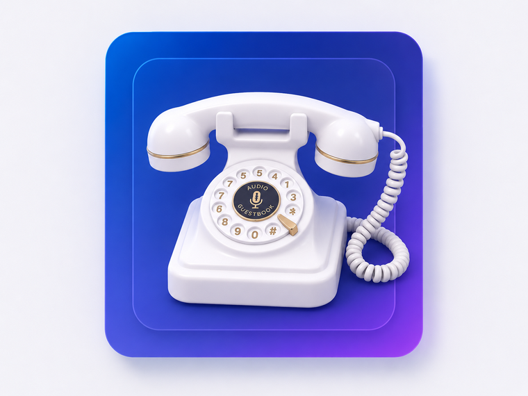 Weißes Retro-Telefon des Audio-Gästebuchs, an dem Gäste Sprachnachrichten hinterlassen